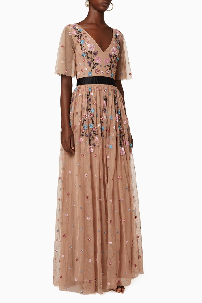 

Floral Embroidered Tulle Maxi Dress, Pink