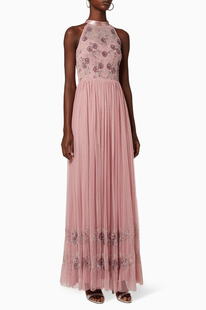 

Floral Sequin Embellished Halterneck Dress, Pink