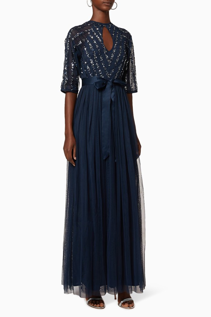 

Sequin Embellished Stripes Tulle Maxi Dress, Blue