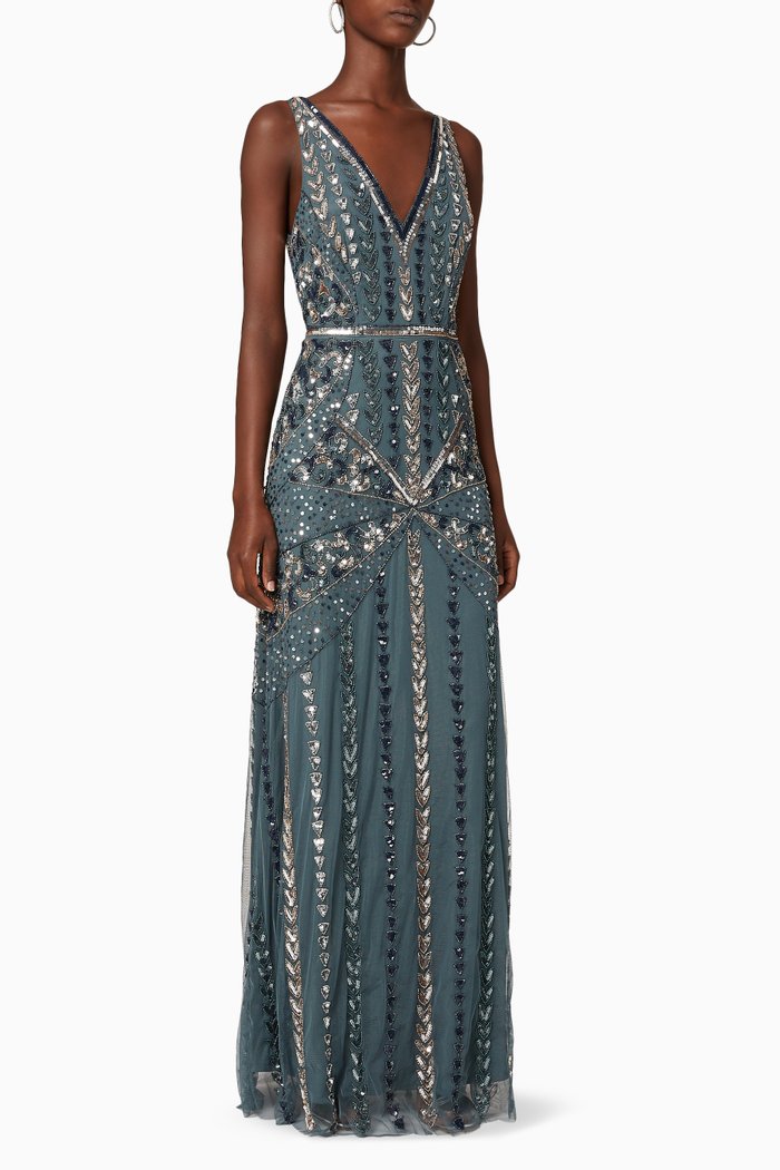 

Sequin Embellished Tulle Maxi Dress, Blue