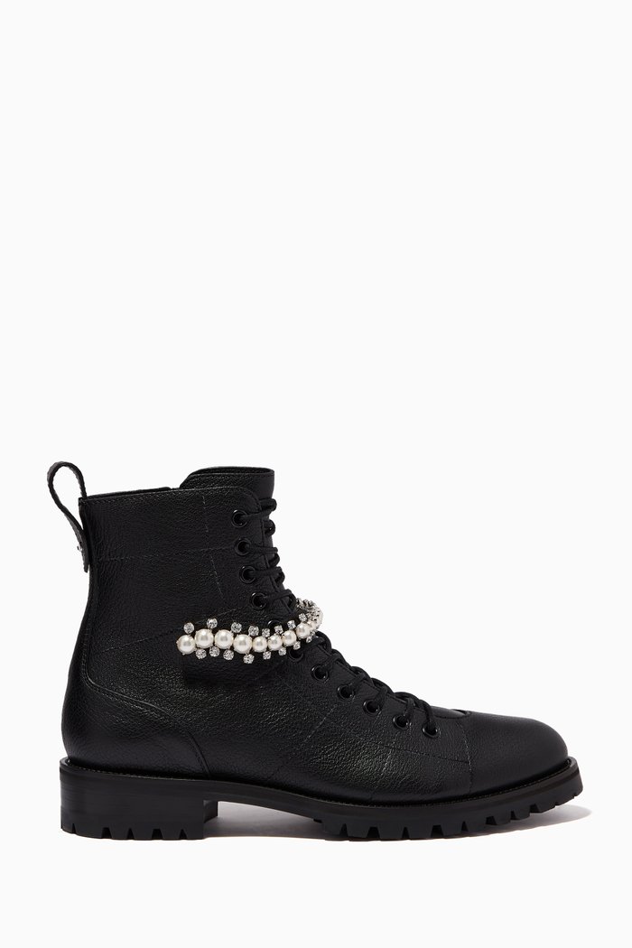 

Cruz Flat Combat Boots in Grained Leather, Black
