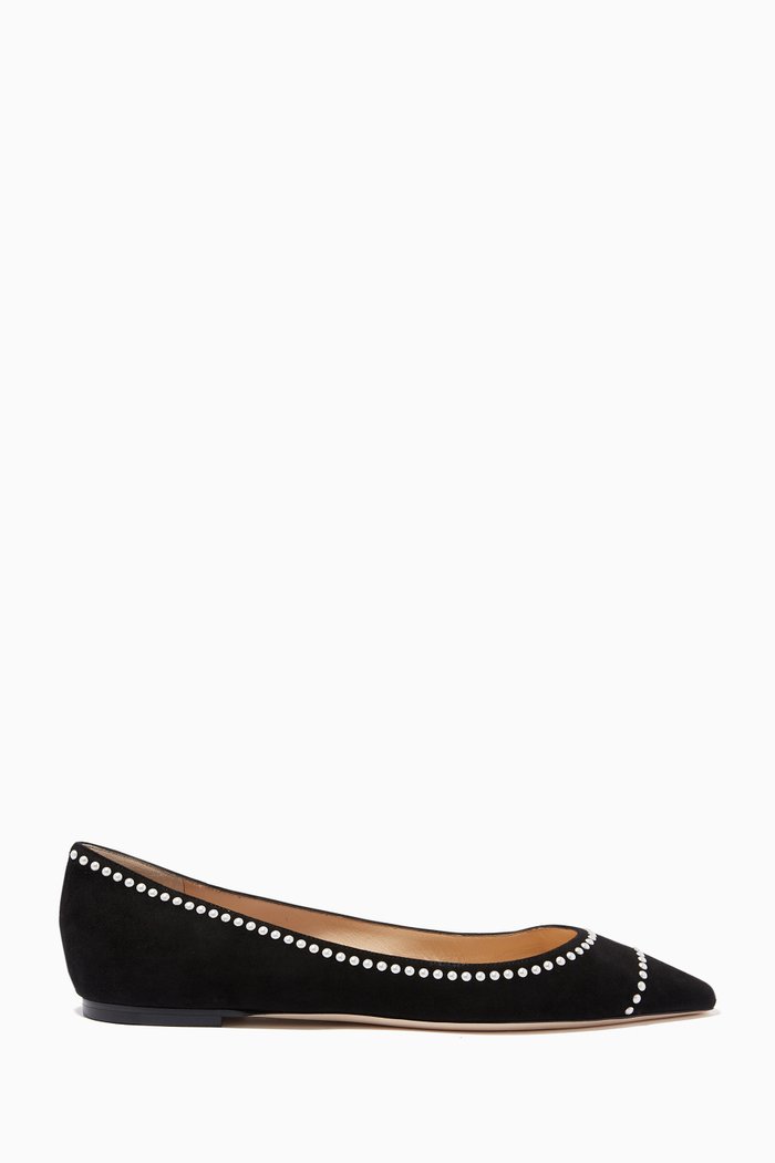 

Romy Pointy Toe Flats with Pearl Embellishment in Suede, Black