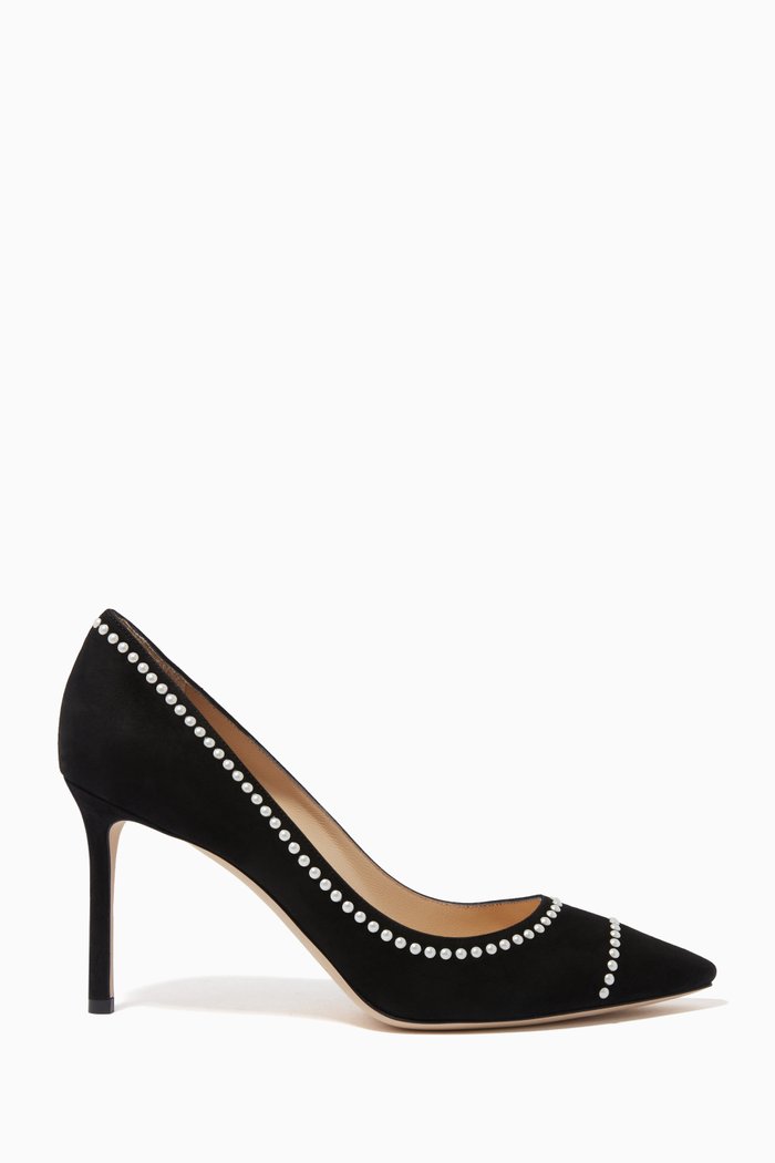 

Romy 85 Pearl Embellished Pumps in Suede, Black