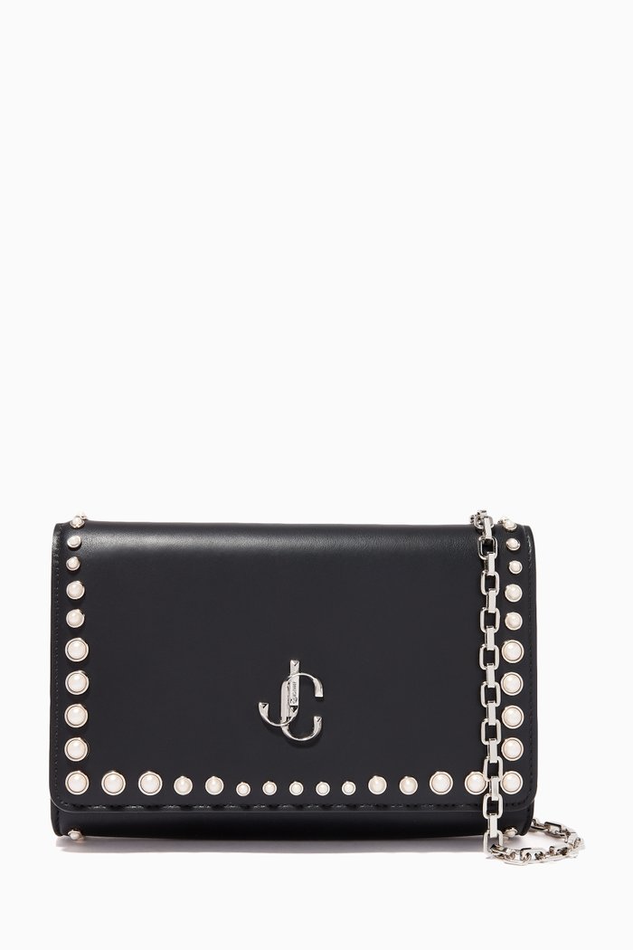 

Varenne Clutch Bag in Calf Leather with Pearl Studs, Black