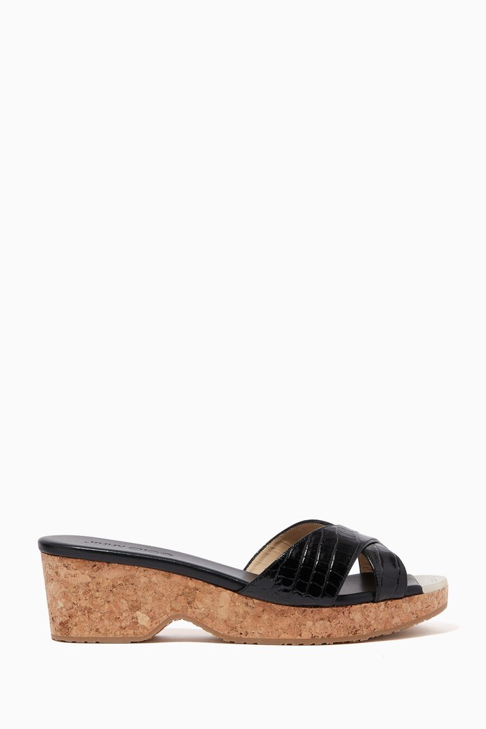 

Panna 50 Wedge Sandals in Croc-Embossed Leather, Black
