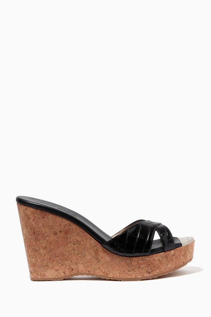 

Perfume Wedge Sandals in Croc-Embossed Patent Leather, Black