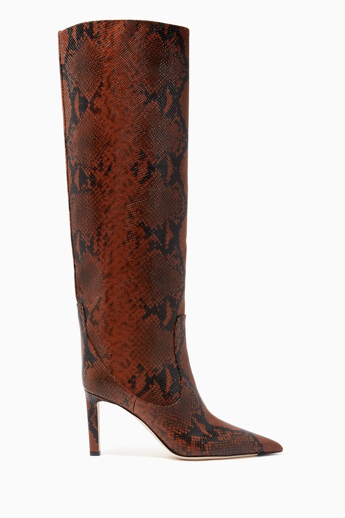 

Mavis 85 Knee Boots in Snake Printed Leather, Brown