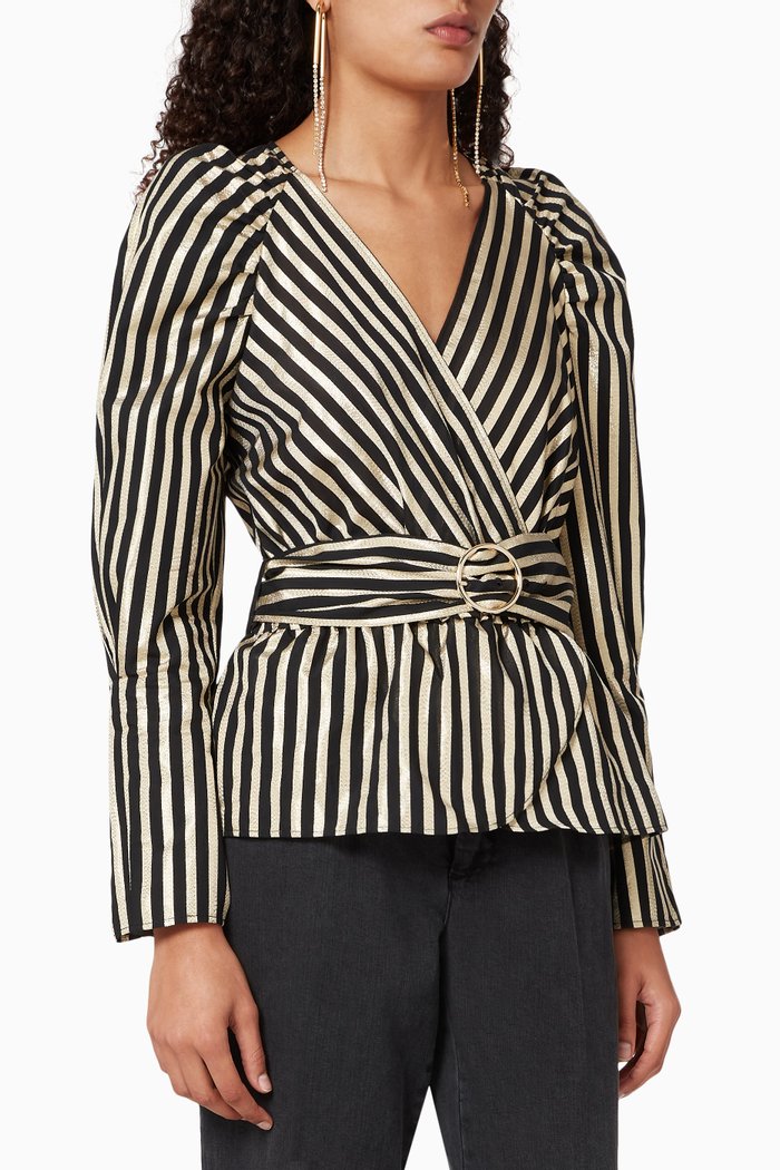 

Clarence Striped Wrap Blouse, Black