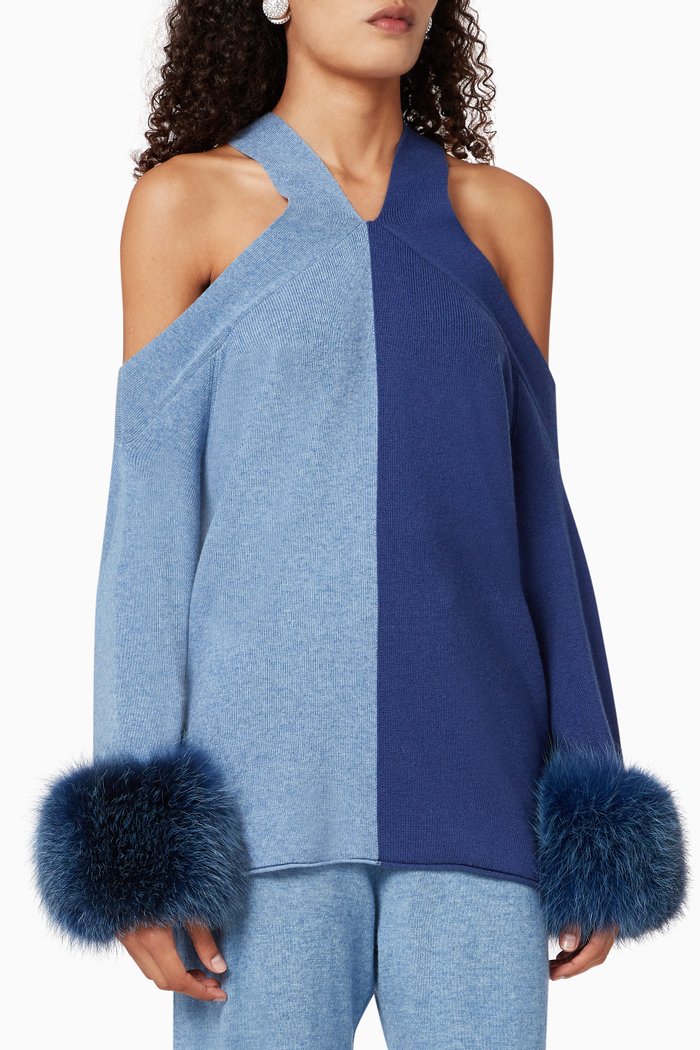 

Two-Tone Fur Cuff Sweater, Blue