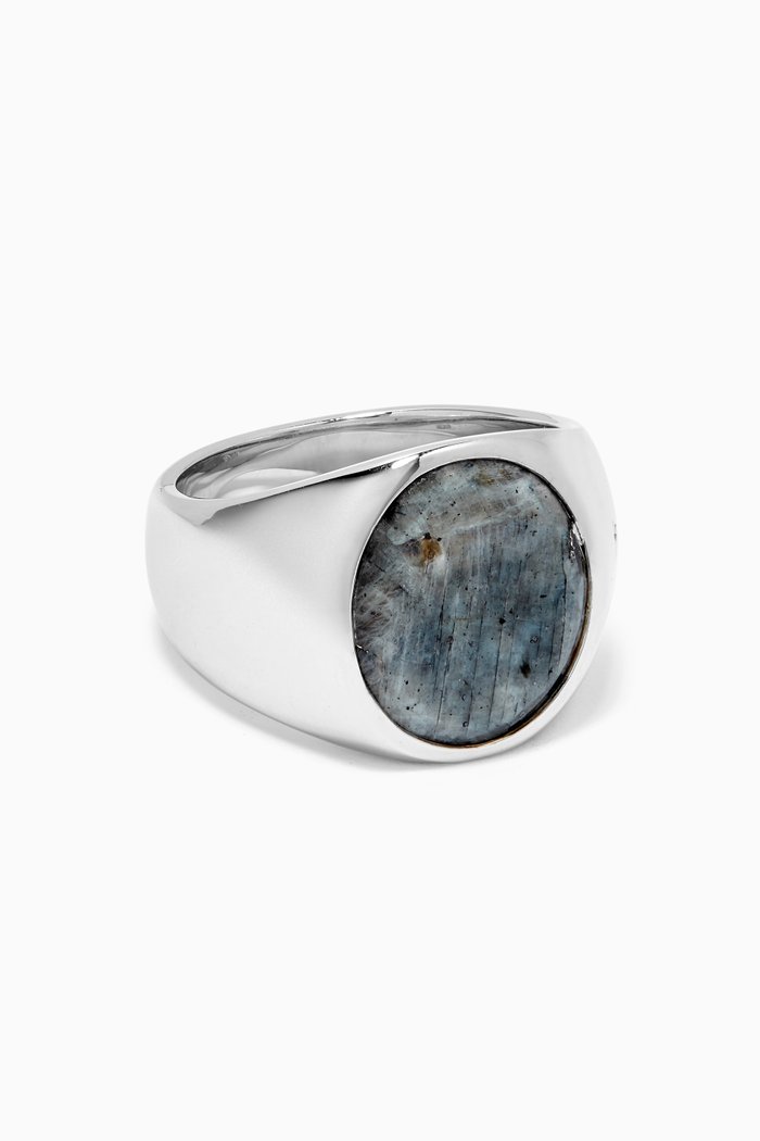 Oval Larvikite Ring in Sterling Silver, Grey