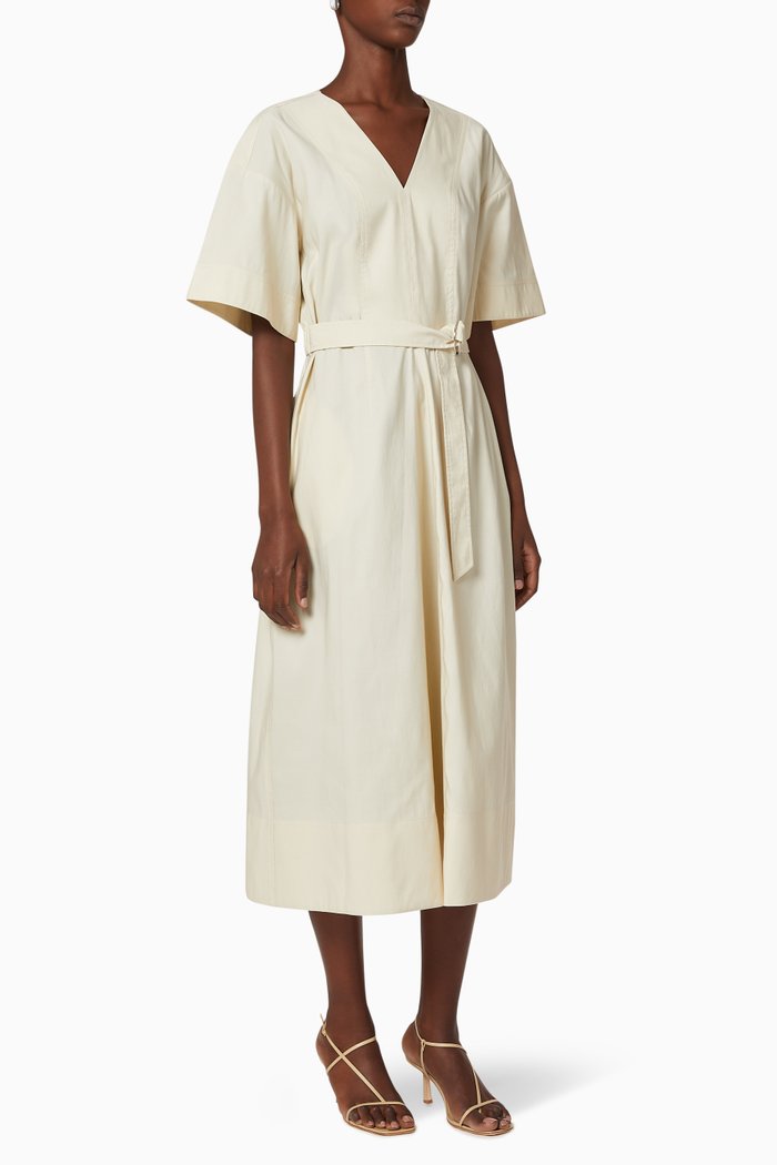 

Short Sleeve Textured Faille Belted Dress, Neutral