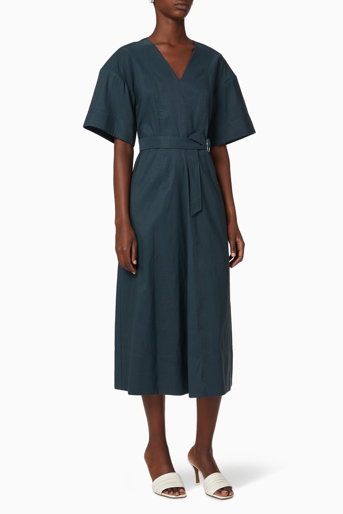 

Short Sleeve Textured Faille Belted Dress, Blue