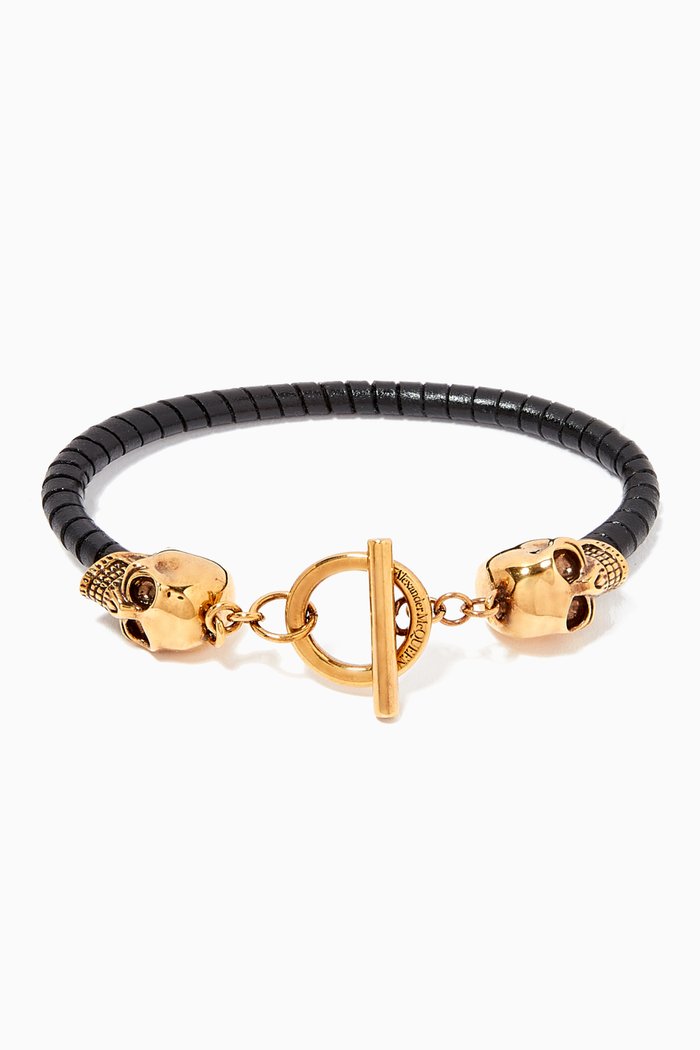 

T-Bar Skull Bracelet in Leather, Black