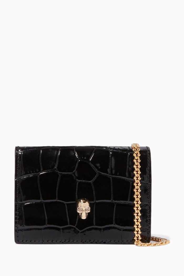 

Skull Card Holder on Chain in Shiny Croc Embossed Leather, Black