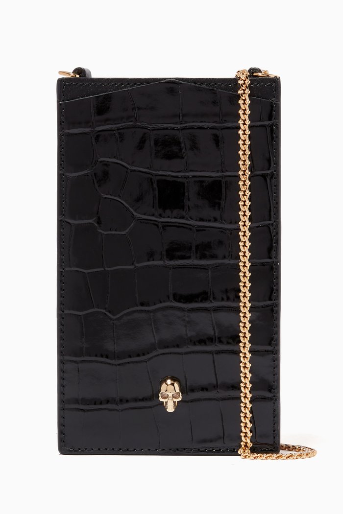 

Skull Phone Case on Chain in in Shiny Croc Embossed Leather, Black