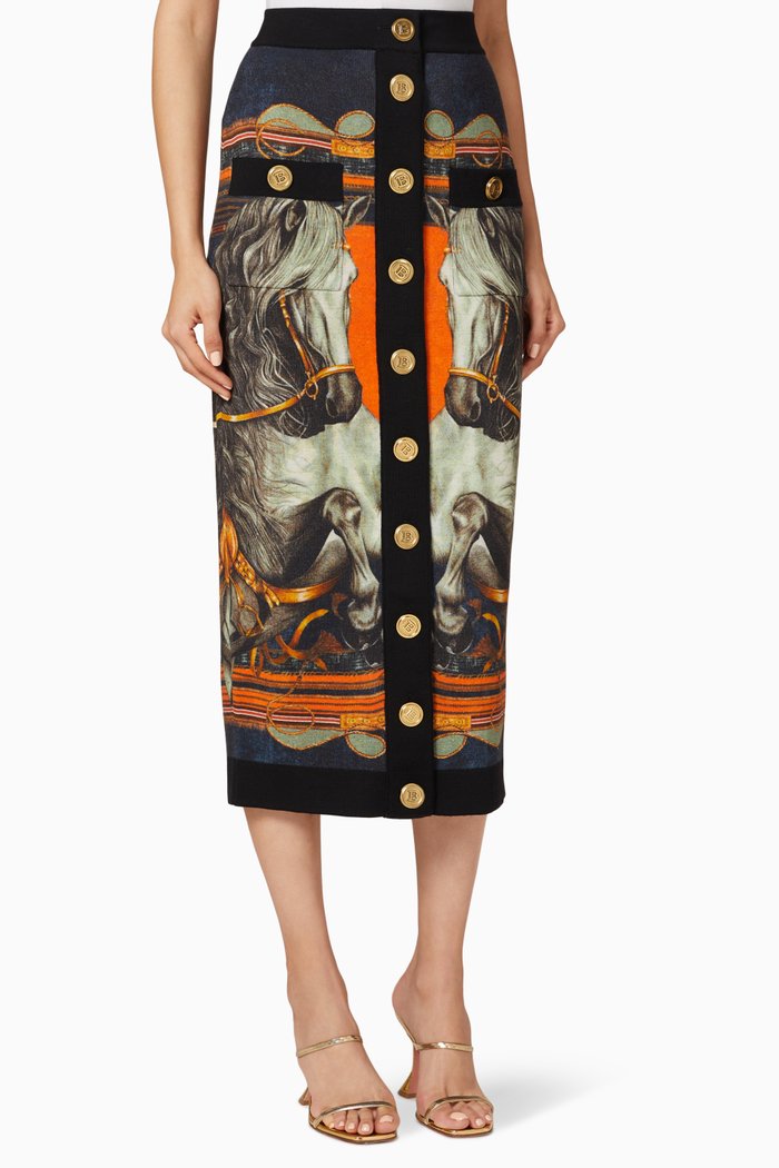

Printed Knit Midi Skirt, Black