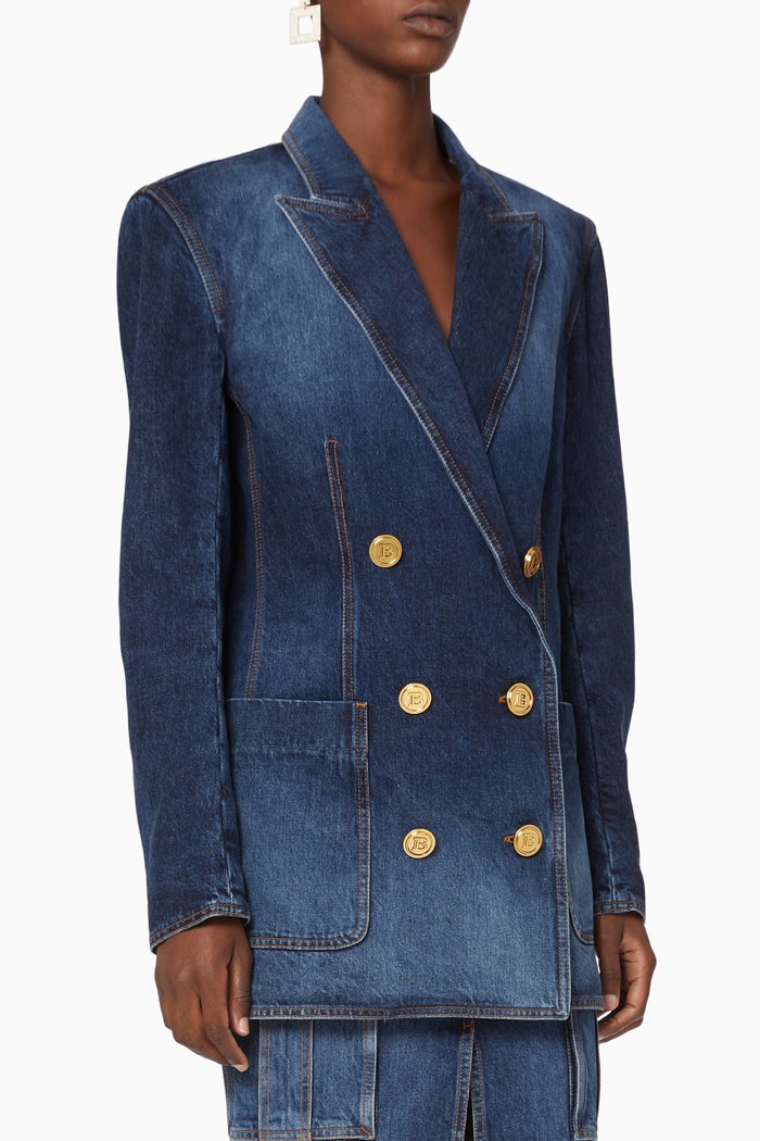 

Double-Breasted Denim Boyfriend Blazer, Blue