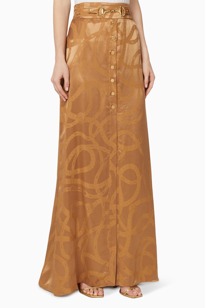 

Button Embellished Jacquard Silk Skirt, Brown