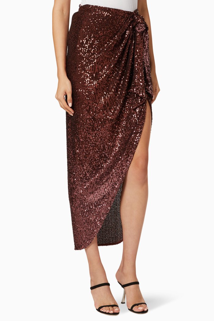 

Sequin Embellished Tie-Up Skirt, Brown