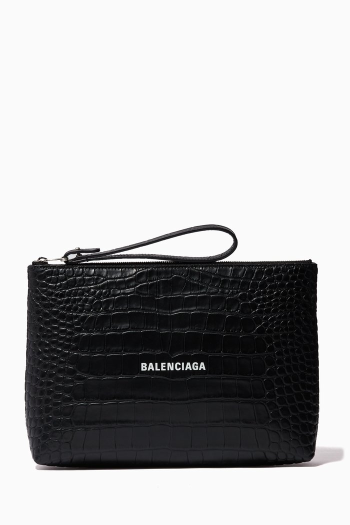 Cash Pouch in Croc-Embossed Leather, Black