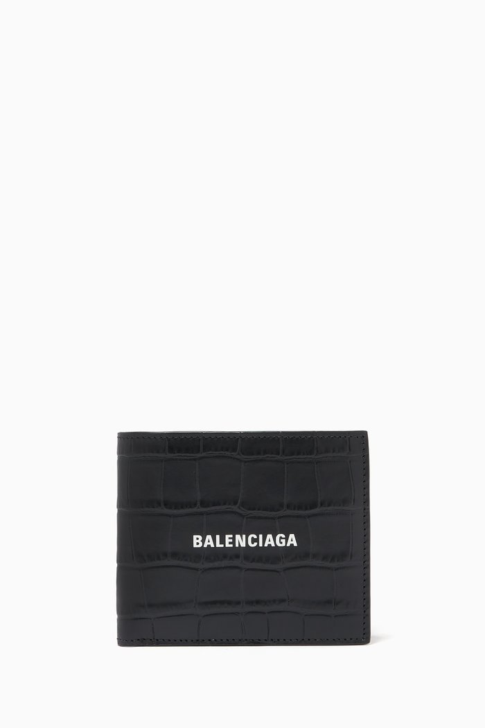 

Cash Square Folded Coin Wallet in Croc-Embossed Leather, Black
