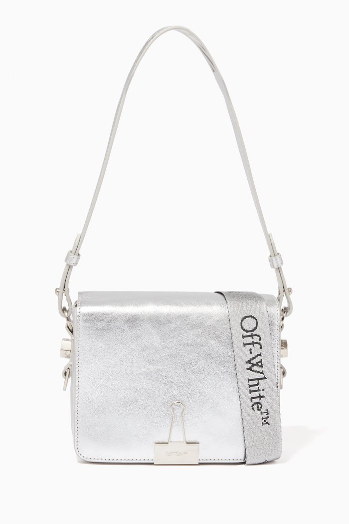 

Logo Flap Bag in Metallic Leather, Silver