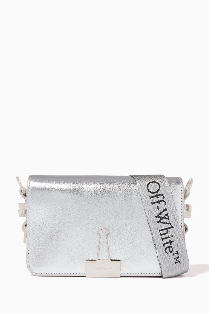 

Logo Mini Flap Bag in Metallic Leather, Silver