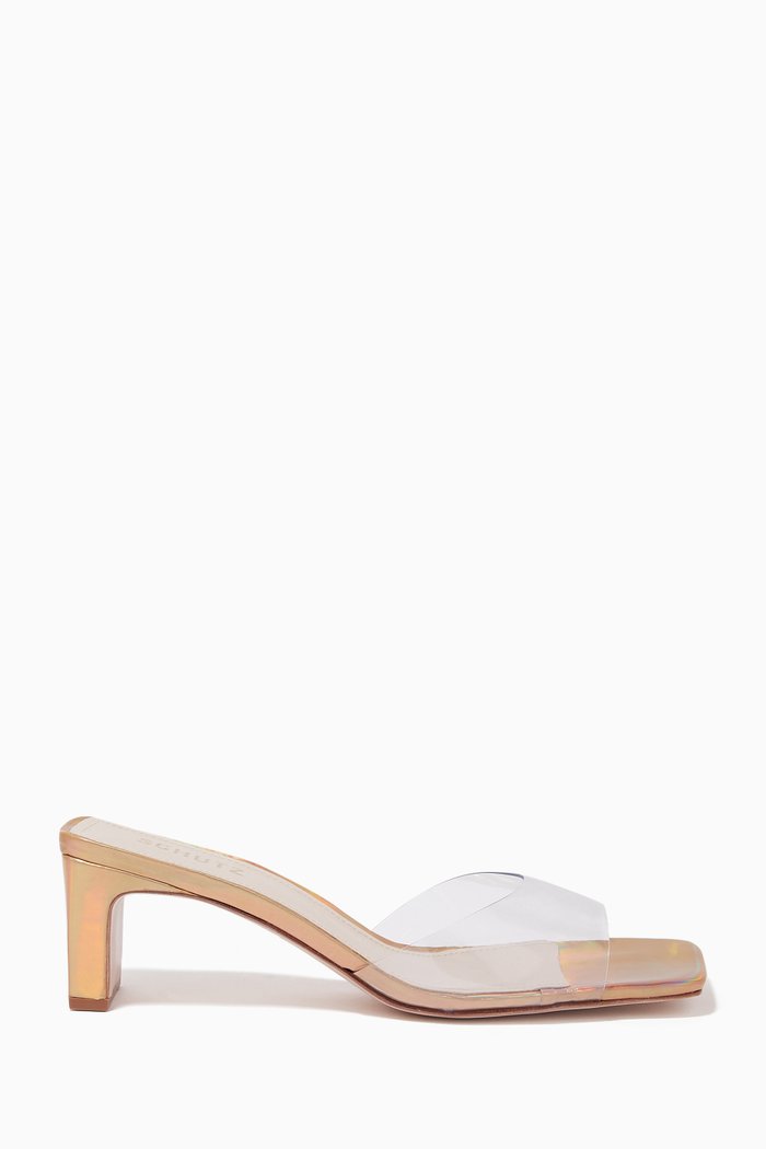

Onoria Mule Heels in Metallic Leather & Plexi, Gold
