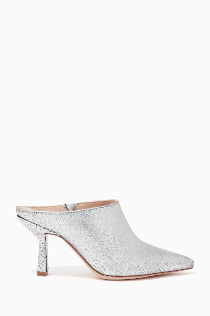 

Shelly Mule Heels in Crackled Metallic Leather, Silver