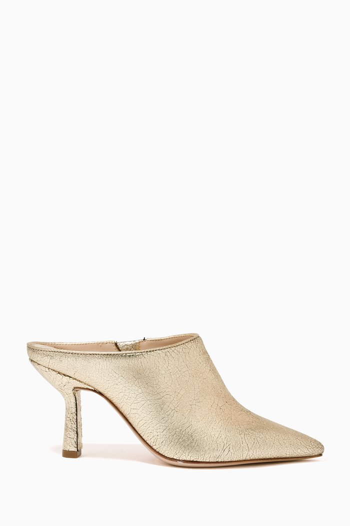 Shelly Mule Heels in Crackled Metallic Leather, Gold