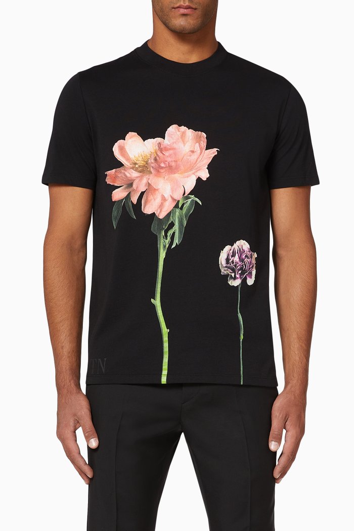 Flowersity Print Cotton T-shirt, Black