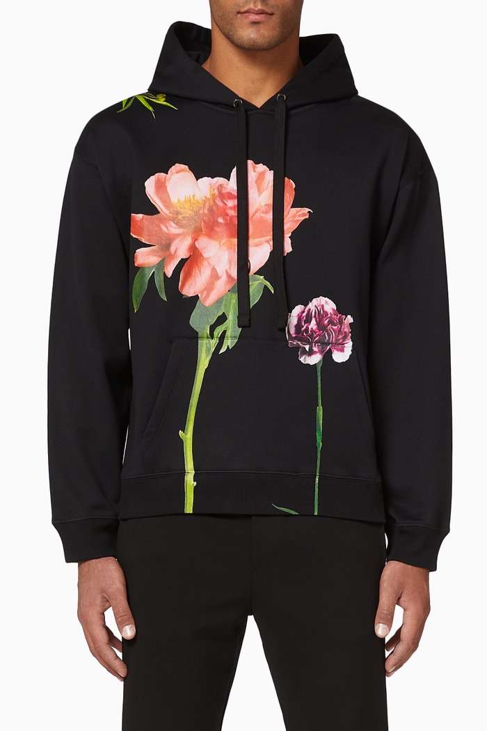 

Flowersity Print Jersey Hoodie, Black