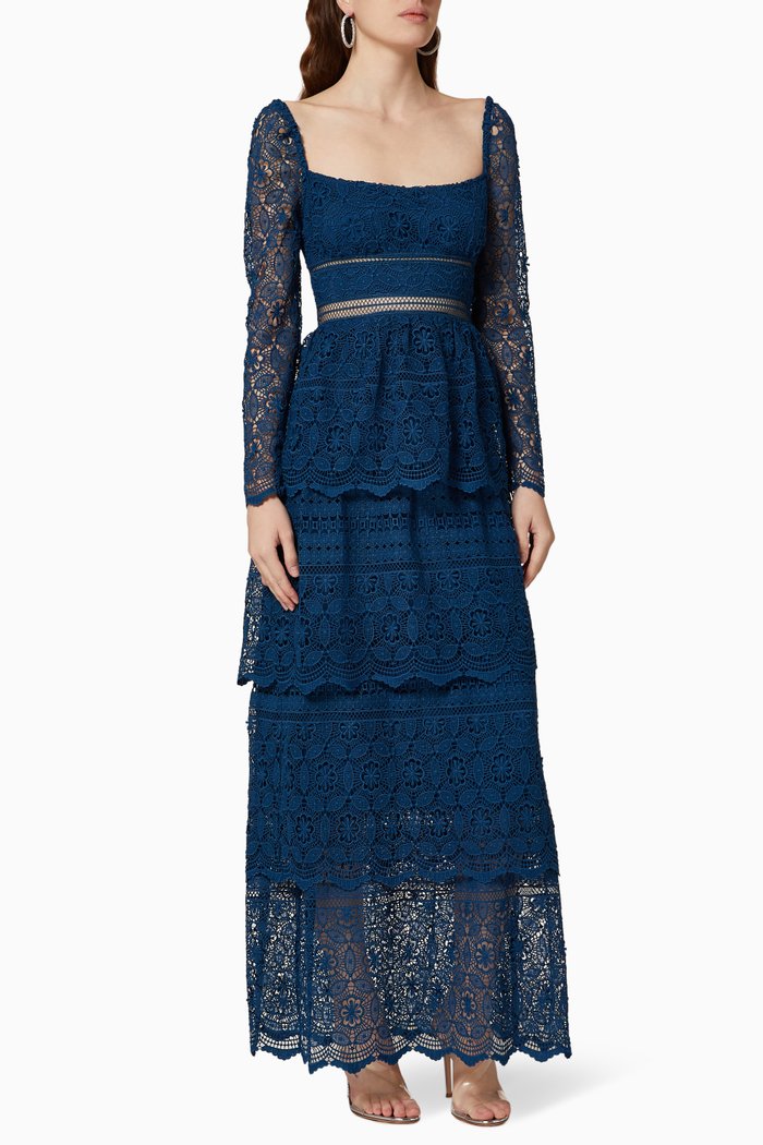 

Petrol Lace Guipure Tiered Maxi Dress, Blue