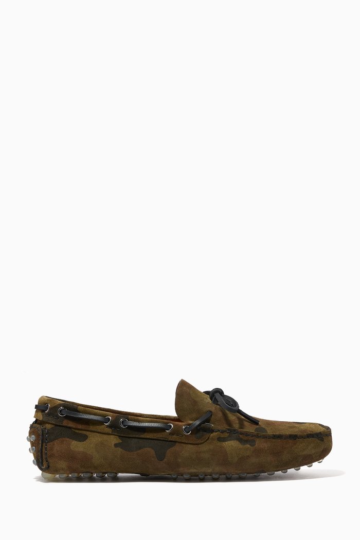 

Camouflage Printed Bow Loafers in Suede, Green