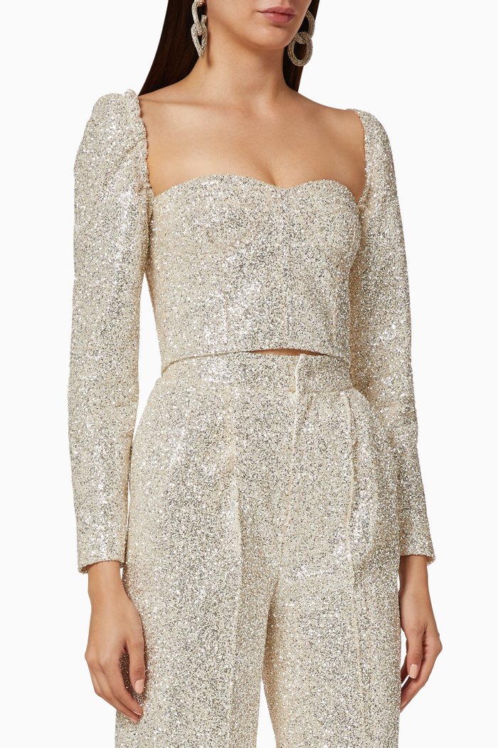 

Puff-Sleeve Glitter Corset Top, White