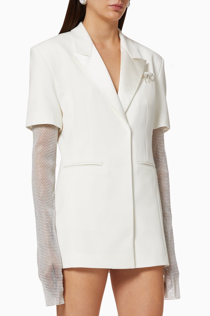

Crystalized Mesh Sleeves Blazer Dress, White