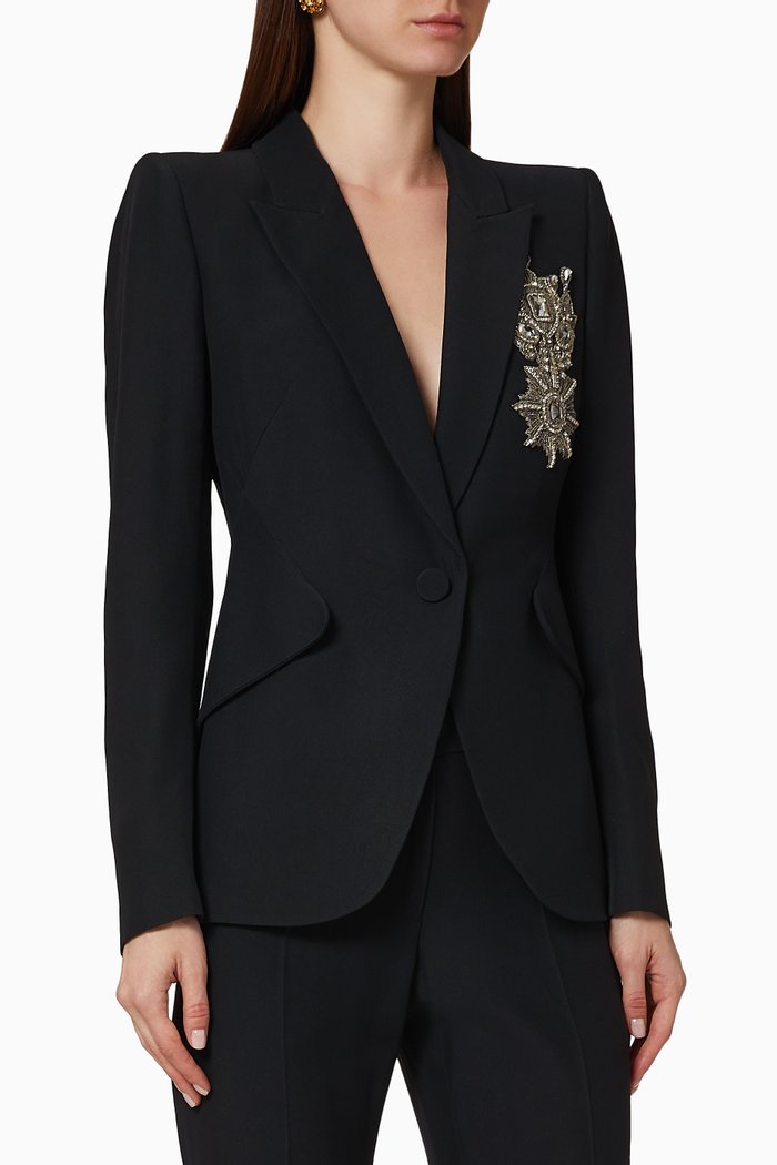 

Embroidered Leaf Crepe Jacket, Black
