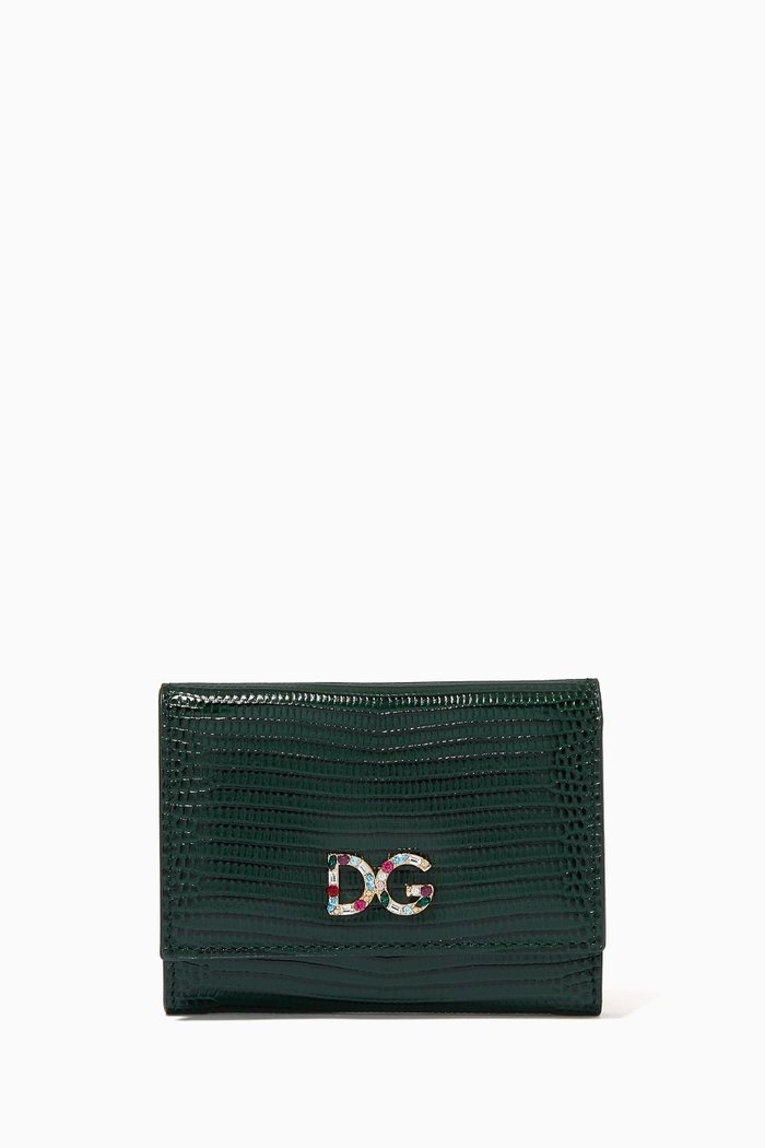 

Strass Logo Wallet in Iguana Embossed Leather, Green
