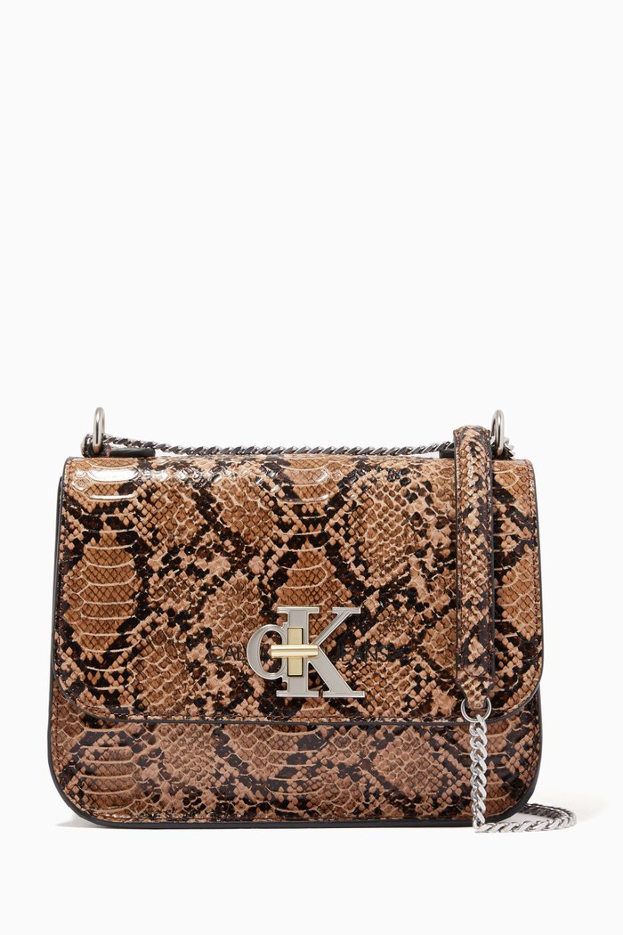 

Medium Flap Shoulder Bag in Python Embossed Faux Leather, Brown