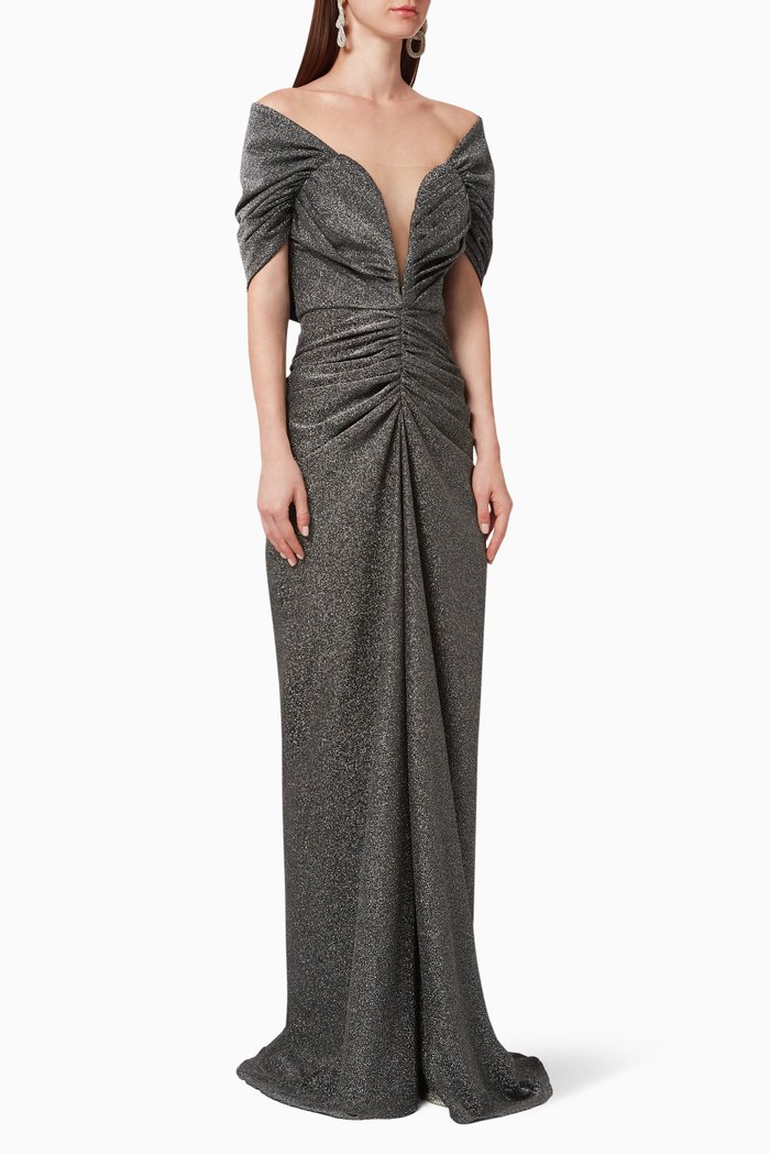 

Metallic Cape Ruched Gown, Silver