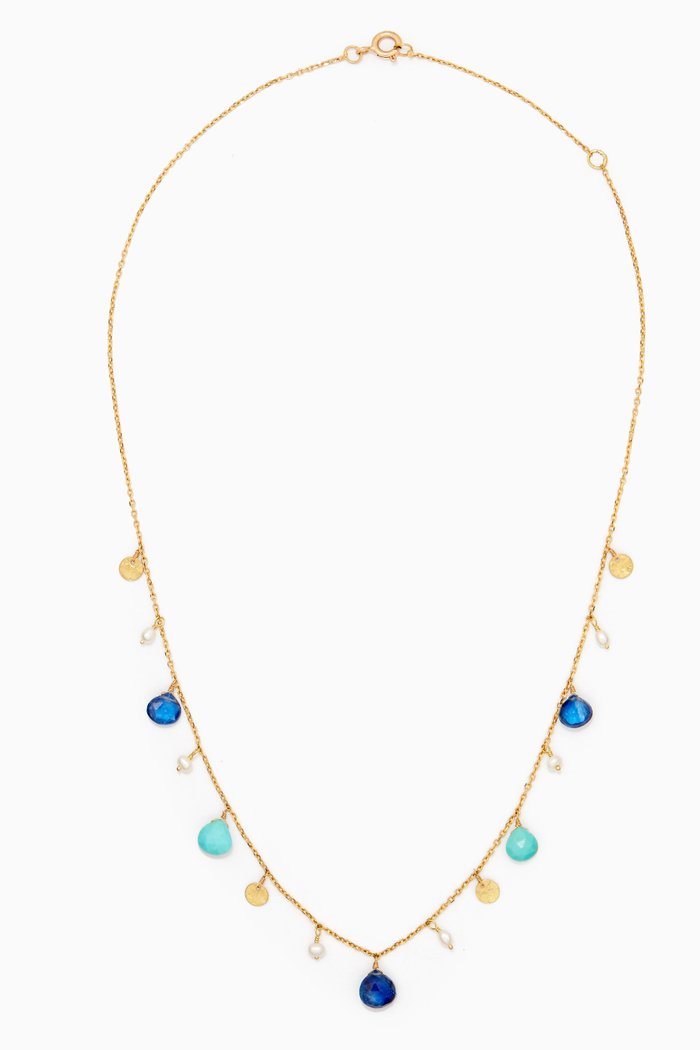 

Hammered Coin & Stone Charm Necklace in 18kt Yellow Gold, Multicolour