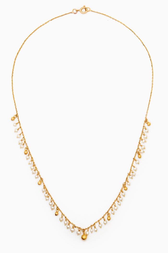 

Hammered Bead & Pearl Necklace in 18kt Yellow Gold, White