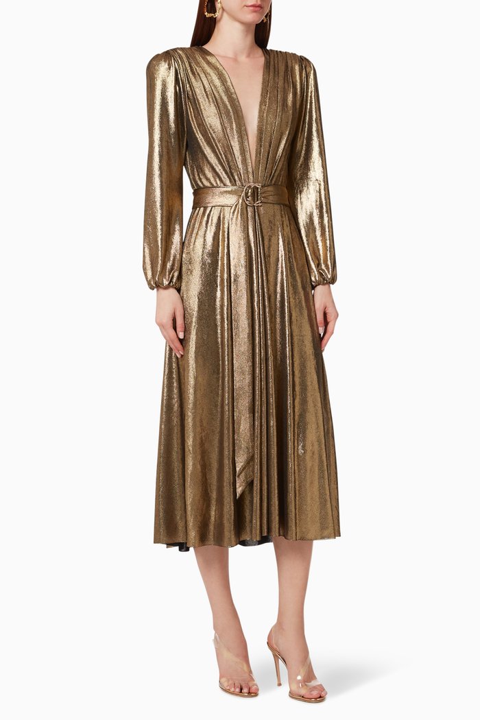 

Zaila Metallic Wrap Dress, Gold