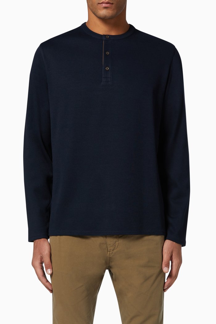

Henley Elbow Patch Long-Sleeved T-Shirt, Blue