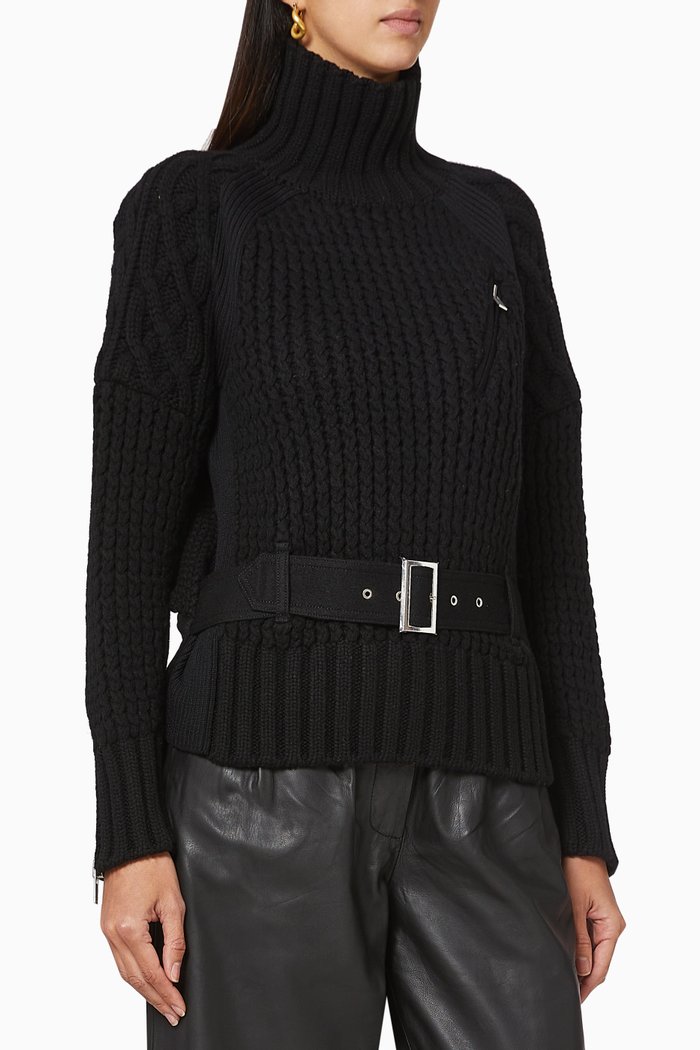 Patterned Knit Belted Sweater, Black
