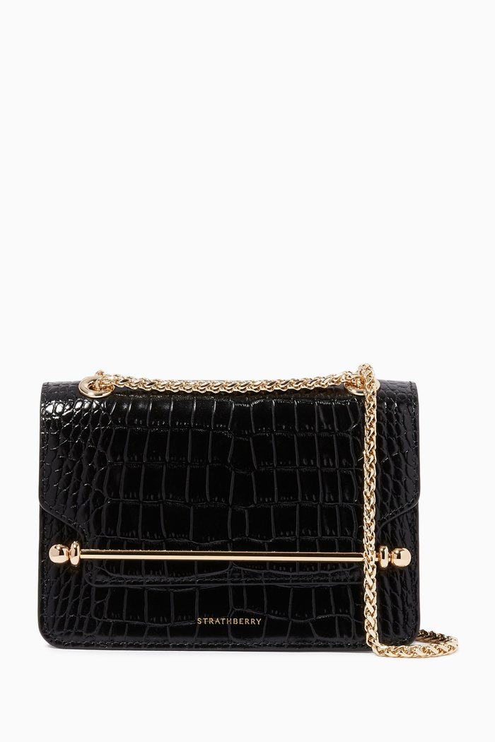 

Mini East West Bag in Croco Embossed Leather, Black