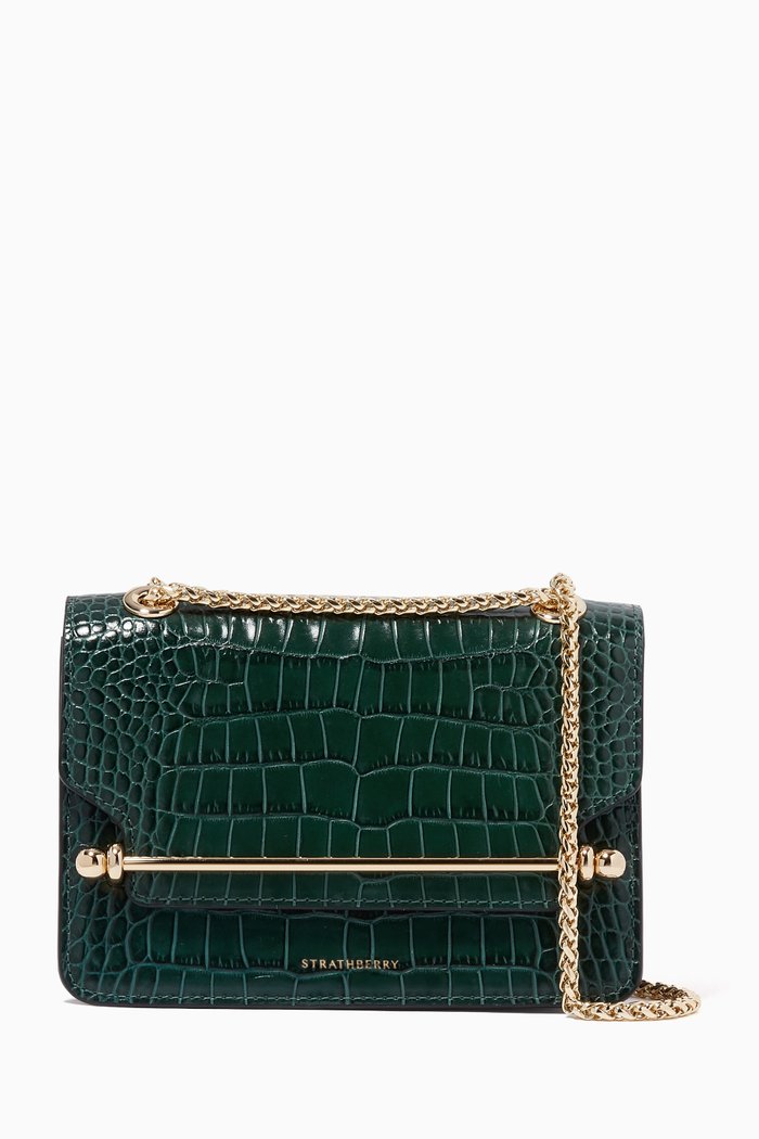 

Mini East West Bag in Croco Embossed Leather, Green
