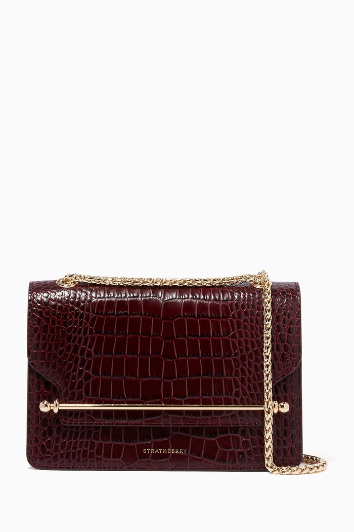 

Mini East West Bag in Croco Embossed Leather, Burgundy