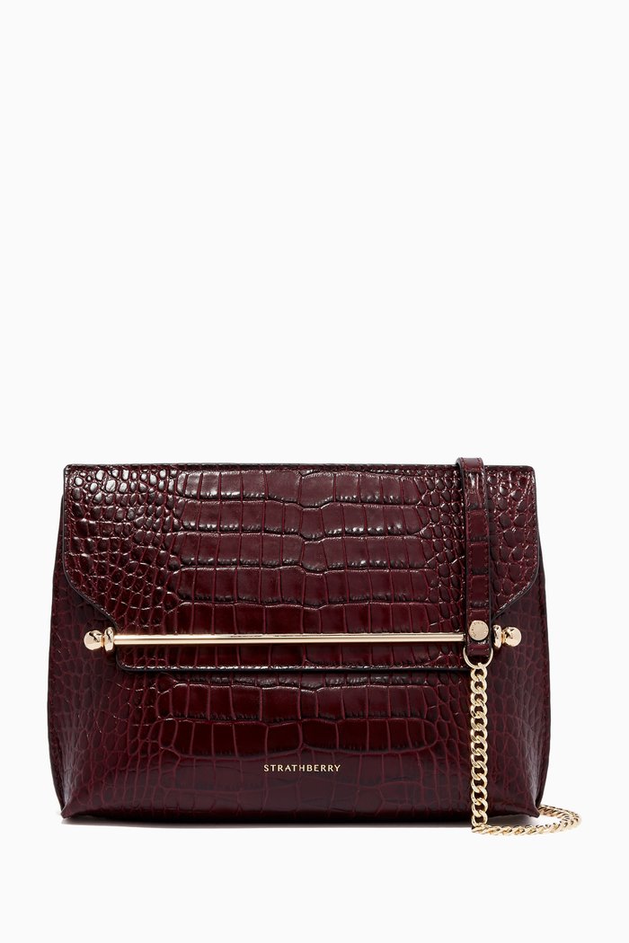 

Stylist Crossbody Bag in Croco Embossed Leather, Burgundy