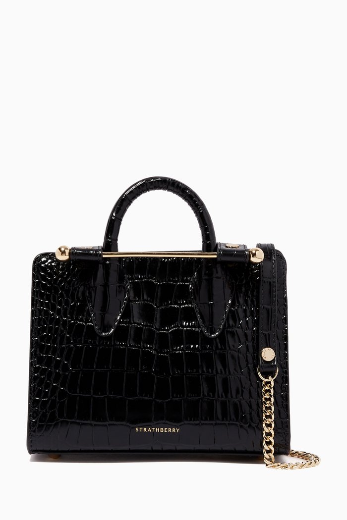 

Nano Tote Bag in Croco Embossed Leather, Black